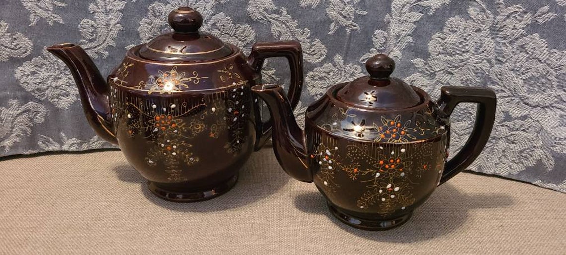Vintage Brown Redware Japan Teapot With Hand Painted Design Etsy