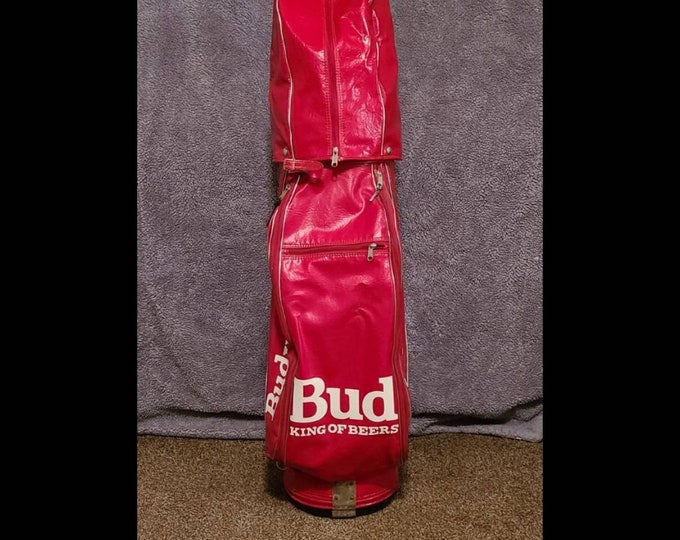 Vintage Red Leather Budweiser Golf Bag Made in USA With 3 Red Driver