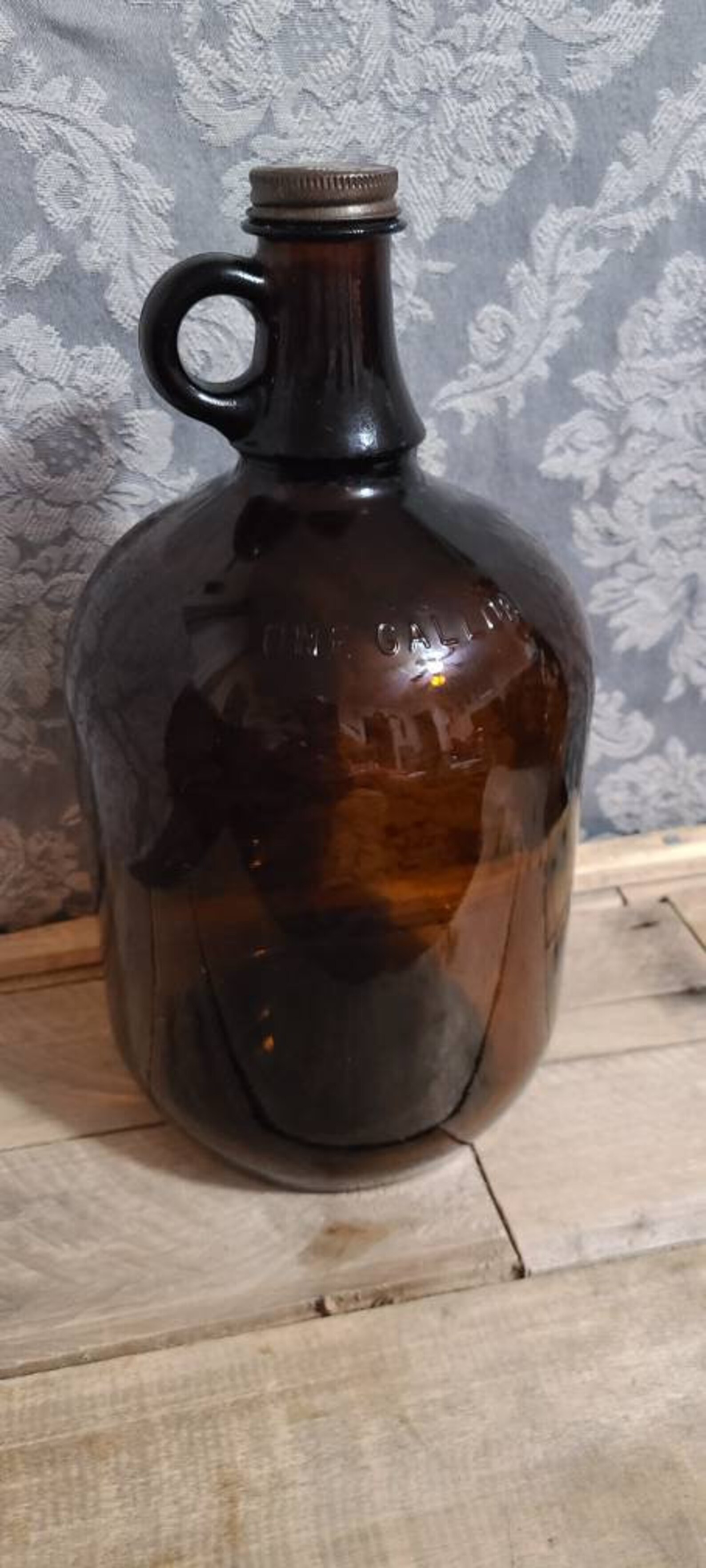 Vintage Brown Glass Gallon Jug With Metal Lid Vintage Amber Etsy
