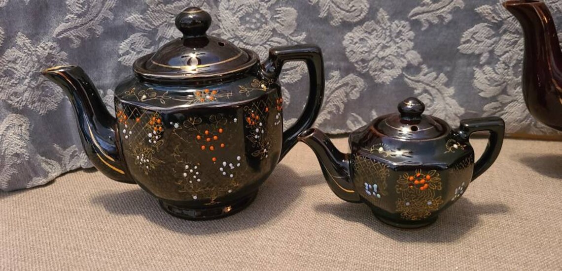 Vintage Brown Redware Japan Teapot With Hand Painted Design Etsy