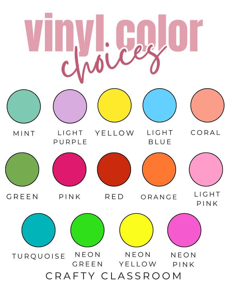 Pu&ograve; includere: Una tabella colori intitolata vinyl color choices che presenta quattordici cerchi pieni in varie tonalit&agrave;, tra cui menta, viola chiaro, giallo, azzurro, corallo, verde, rosa, rosso, arancione, rosa chiaro, turchese, verde neon, giallo neon e rosa neon.
