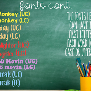 Pu&ograve; includere: Uno sfondo a lavagna verde mostra un elenco di nomi di caratteri in vari colori, tra cui giallo, arancione, rosso, viola e blu. Il testo recita: fonts cont., Chunky Monkey, Happy Friday, Hello Highlighter, Groovin & Movin, Summer Break e istruzioni.
