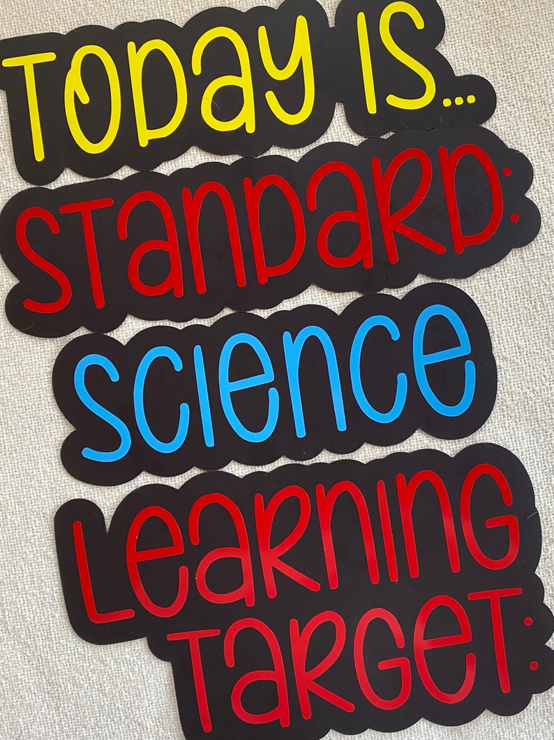 Pu&ograve; includere: Quattro cartelli neri smerlati con testo colorato. Il primo cartello riporta Today is... in giallo. Il secondo riporta STANDARD: in rosso. Il terzo riporta science in blu. Il quarto riporta Learning TARGET: in rosso. Ogni cartello ha un bordo ondulato.
