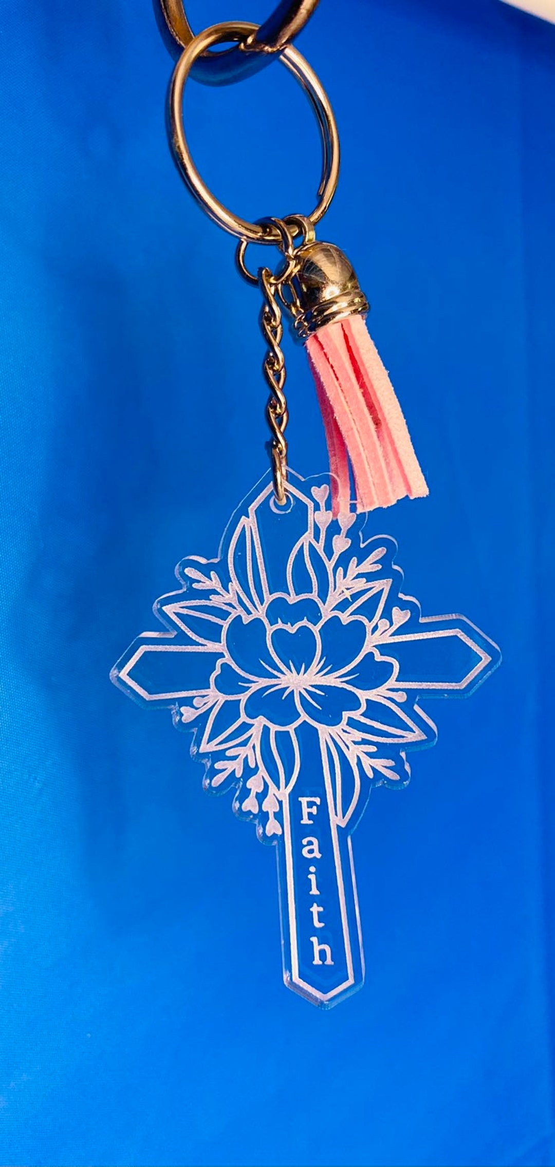 Cross Keychain Faith Laser Engraved Pink Tassel Etsy