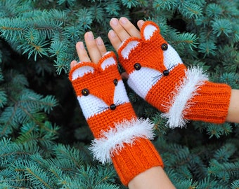 Warm orange mittens  with Fox, Animal mittens, Orange knitted mittens, Mittens fox, Warm mittens  fox, Original mittens fox