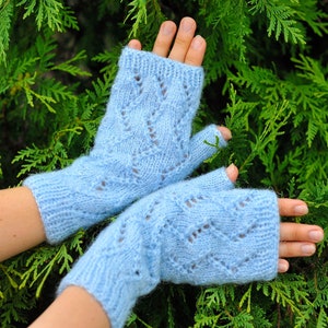 Blue openwork mittens, Fingerless Wool Gloves, Wool blue mittens, Arm Warmers, Hand Knitted, Light blue mittens