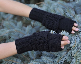 Mitaines en laine noire, mitaines de style gothique, mitaines noires modernes, mitaines à la dentelle, gants noirs sans doigts, chauffe-bras gothiques