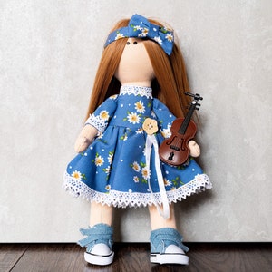 Doll violinist, Doll with violin, Doll with dog, Musician doll, Textile violinist