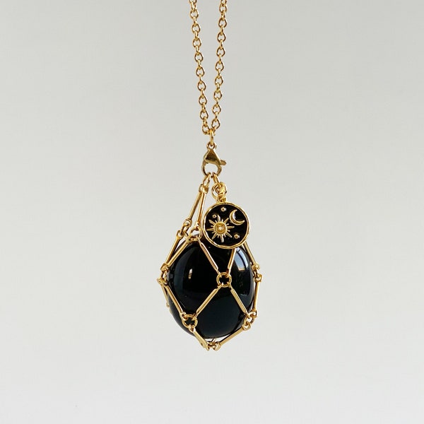 Black Obsidian Crystal Cage Necklace Dark Academia Aesthetic Necklace Sun and Moon Crystal Necklace Celestial Necklace Gothic Jewelry