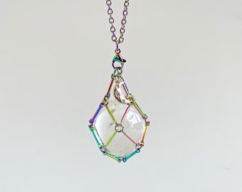 Crescent Moon Necklace Rainbow Crystal Cage Necklace Celestial Necklace Clear Quartz Pendant Necklace Luna Crystal Holder Necklace Gift