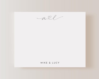 Personalized Couples Monogram Stationary, His & Her Initials Flat Custom Note Cards with Envelopes, Wedding Shower Personal Thank You