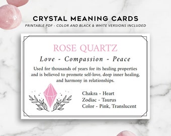 Rose Quartz Printable Cards PDF Instant Download Quartz Crystal Healing Guide & Properties Real Crystal Gift Add On Metaphysical Crystals