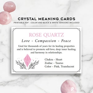 Cartões imprimíveis de quartzo rosa PDF Download instantâneo Guia de cura de cristal de quartzo e propriedades Presente de cristal real Adicionar cristais metafísicos