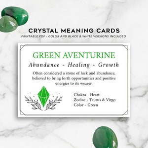 Cartões imprimíveis de aventurina verde PDF Download instantâneo Guia de cura de cristal e propriedades Presente de cristal real Adicionar cristais metafísicos