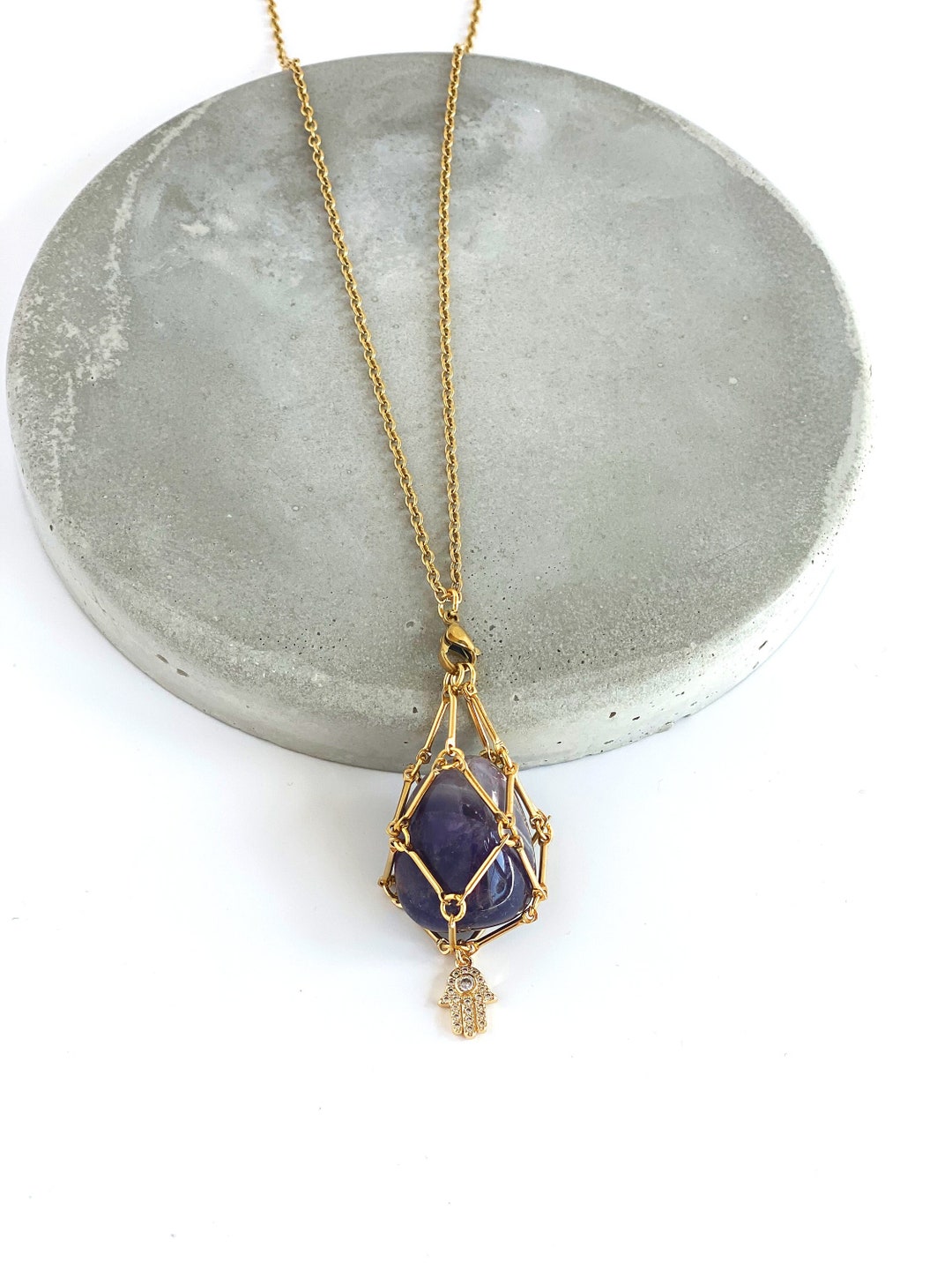 Crystal Holder Necklace Hamsa Hand Interchangeable Crystal Necklace Holder Anniversary Gift for