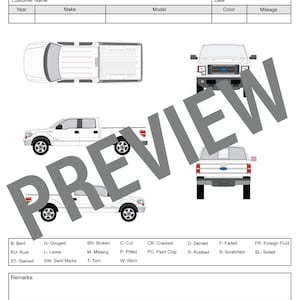 May include: A vehicle inspection report form with a diagram of a Ford F-150 pickup truck. The form includes sections for customer name, year, make, model, color, mileage, and remarks. There are also sections for noting any current issues the customer is aware of.