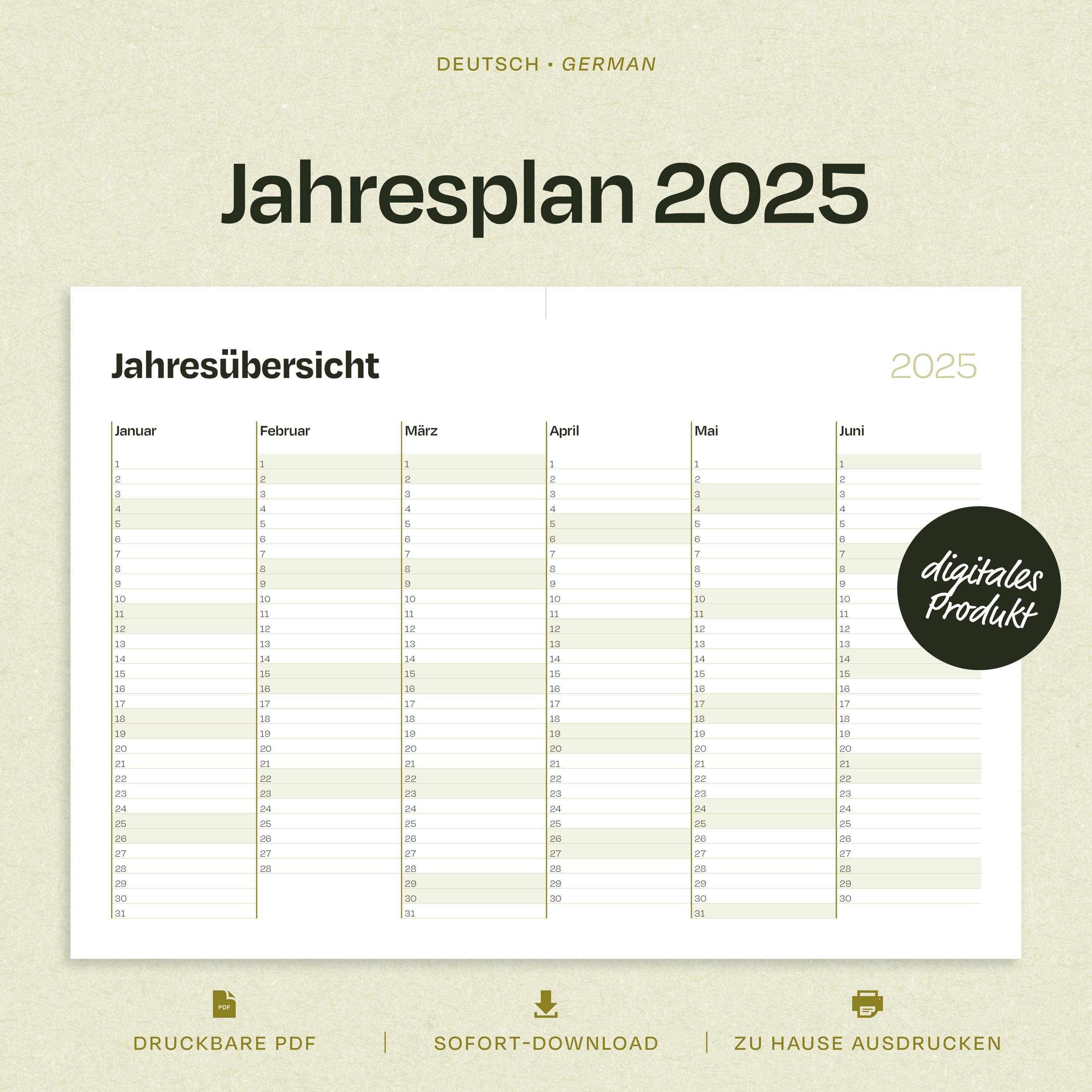 Jahresplan 2025 zum Ausdrucken | Kalender Deutsch DIN A4 Querformat