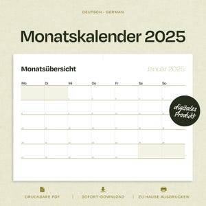 Könnte beinhalten: Ein druckbarer Kalender für 2025 in deutscher Sprache, mit einer Monatsübersicht für Januar. Der Kalender ist ein digitales Produkt und kann zu Hause ausgedruckt werden.