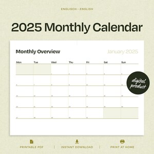 Calendario Mensual 2025 | Resumen mensual 2025 | Planificador digital A4 + Carta EE. UU.