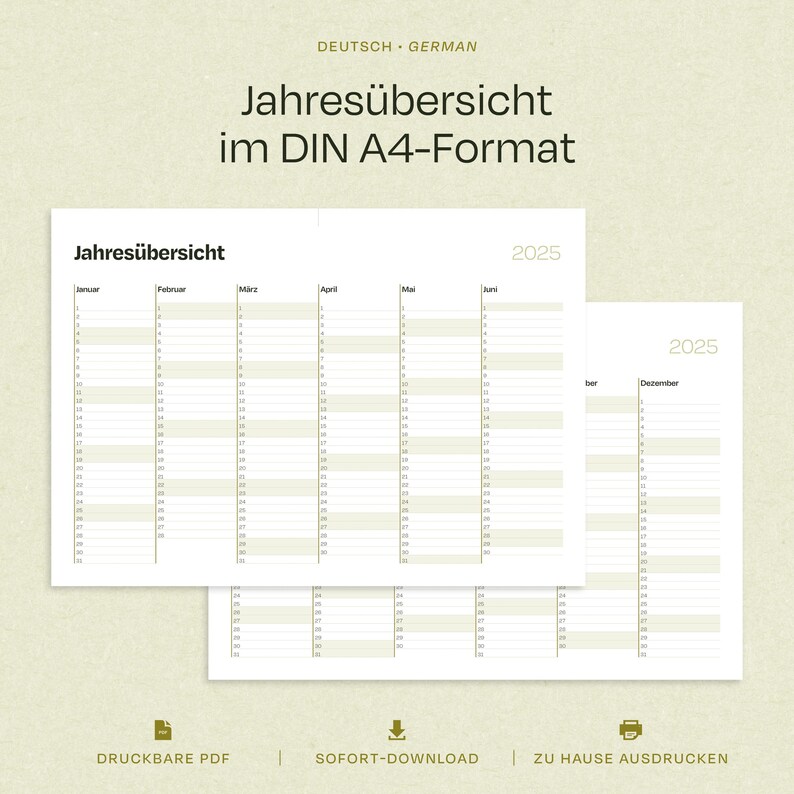 Jahresplan 2025 zum Ausdrucken | Kalender Deutsch DIN A4 Querformat