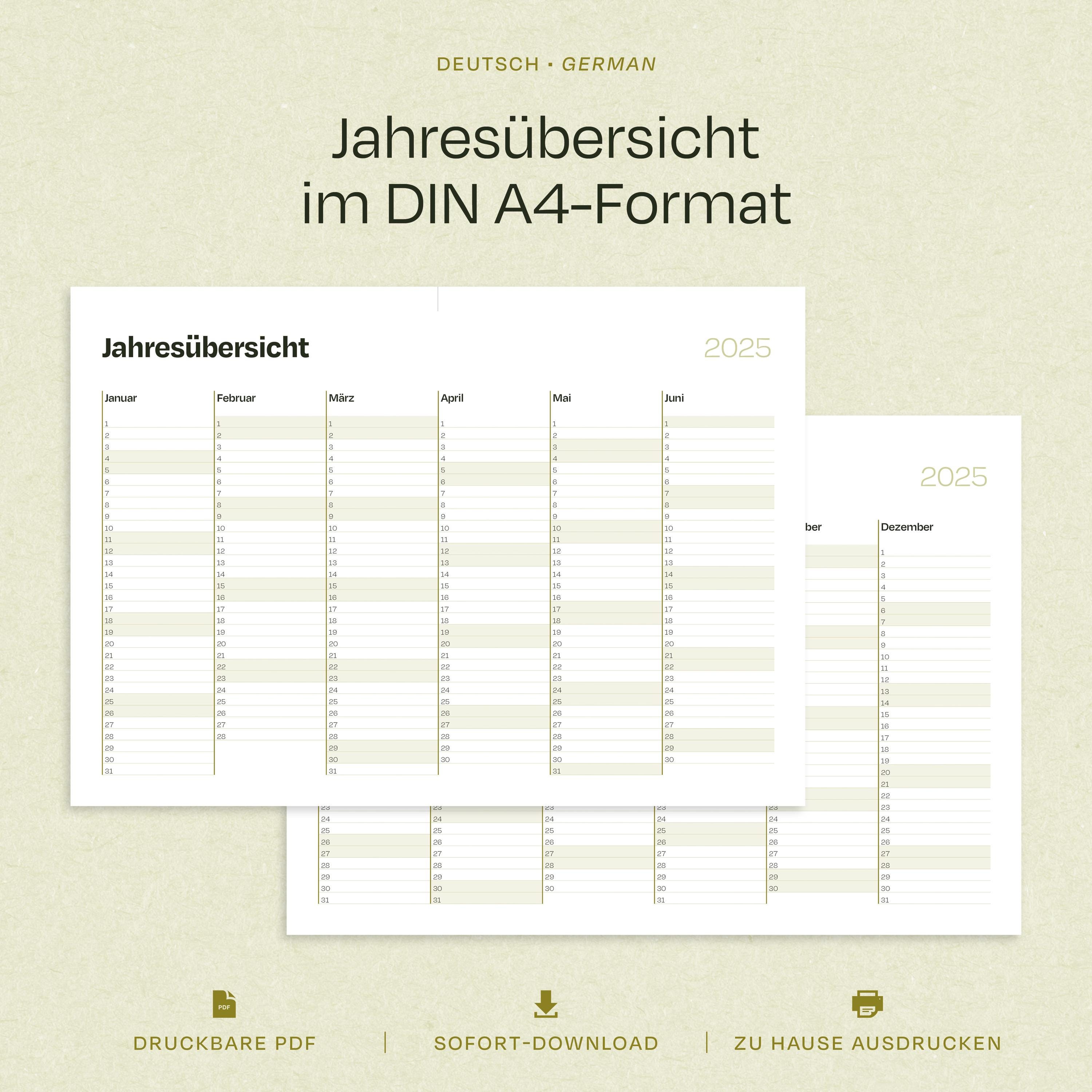 Jahresplan 2025 zum Ausdrucken | Kalender Deutsch DIN A4 Querformat