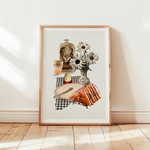Rise and Dine | Vintage Collage Poster with Wood Frame | Breakfast Still Life Art Print | Retro Kitchen Art | Wall Art with Toast & Egg