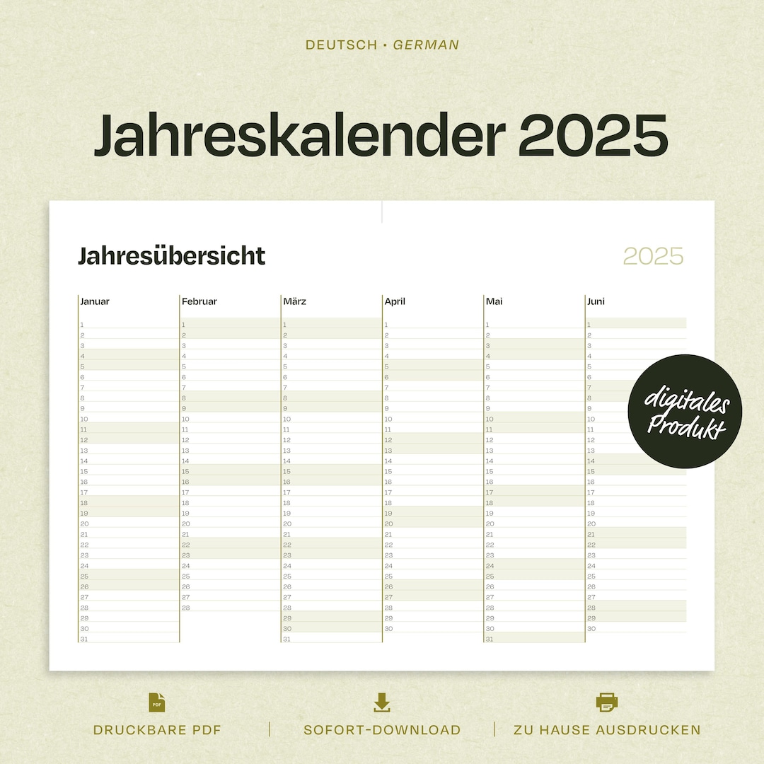 Jahreskalender 2025 zum Ausdrucken | Jahresübersichten 2025 | Kalender