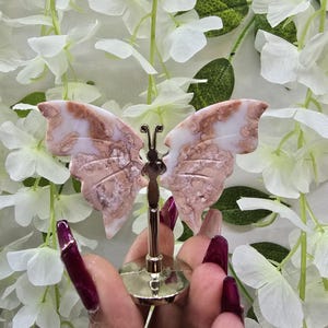 May include: A decorative butterfly figurine with pink and white patterned wings. The butterfly is mounted on a gold-colored metal stand with a circular base. The background features white flowers and green leaves.