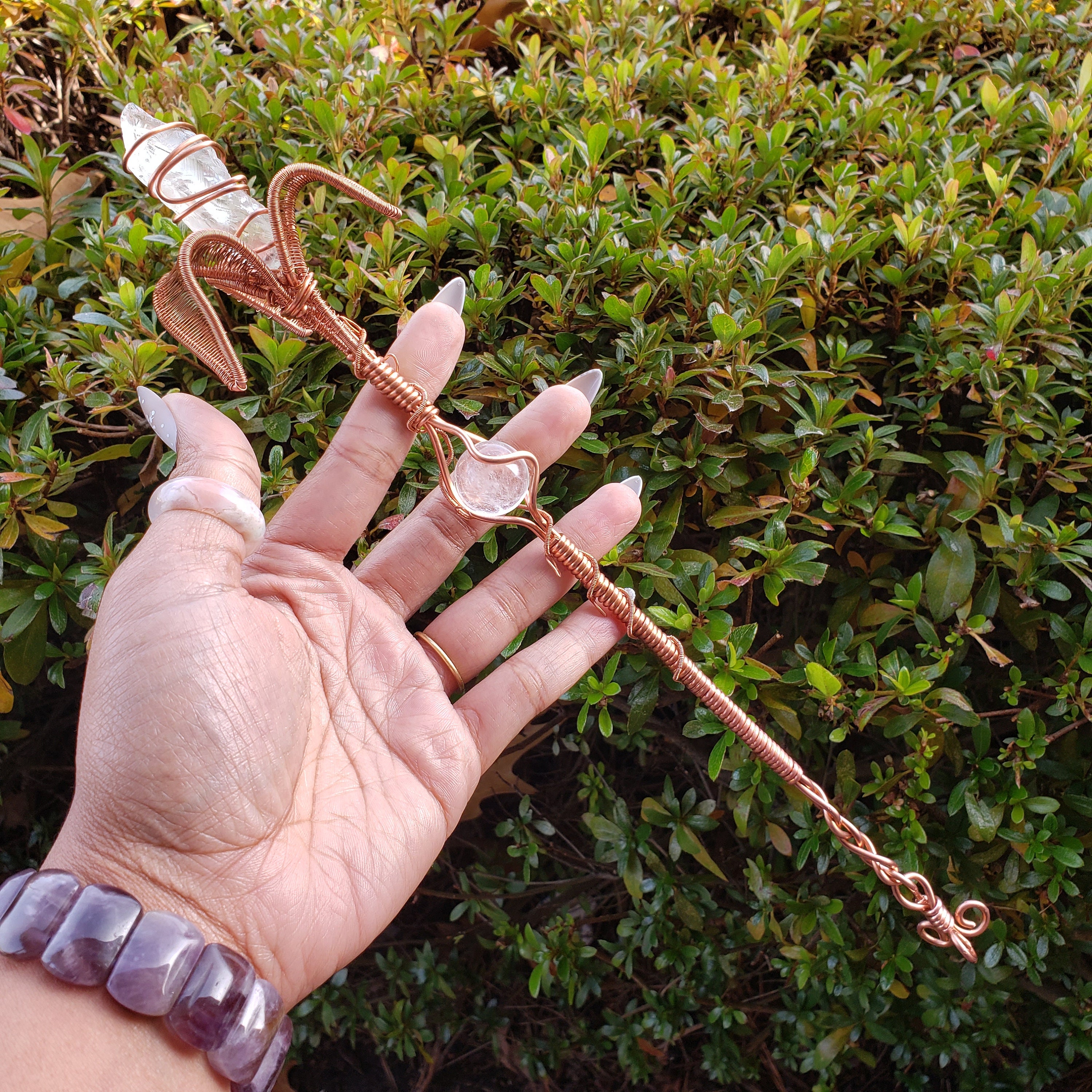 Prasiolite and Clear Quartz Wand, Copper Wand