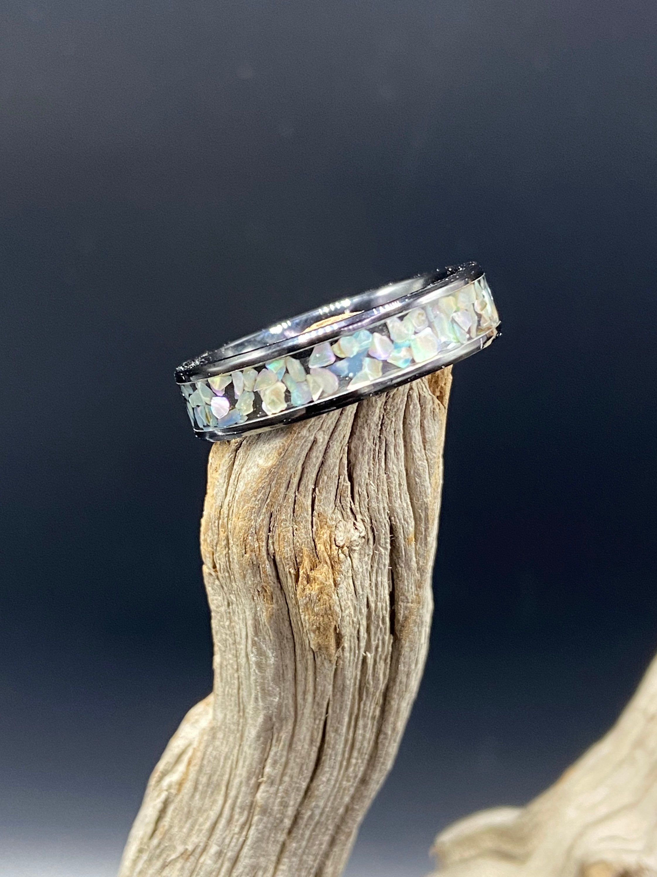 Handmade Inlay Ring, Paua Abalone Shell Fragments, Black Ceramic Band ...