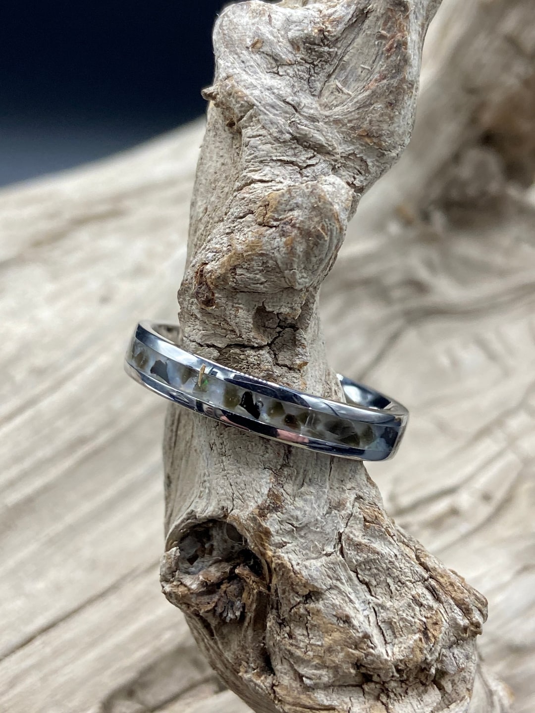 Handmade Inlay Ring, Mother of Pearl and Black Obsidian, Stainless ...