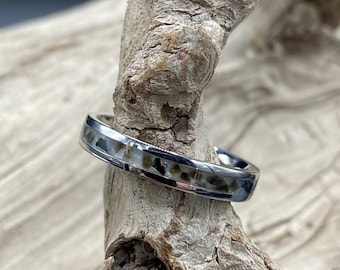 Handmade Inlay Ring, Mother of Pearl and Black Obsidian, Stainless Steel Band, Womens Ring, Mens Band