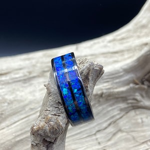 Handmade Opal Inlay Ring, Deep Blue Sea Opal, Black Ceramic Double Inlay Band, Womens Ring, Mens Band