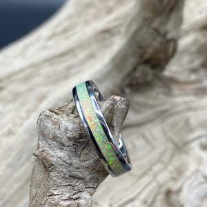 Handmade Opal Inlay Ring, Lemon Yellow Opal, Stainless Steel Band, Womens Ring, Mens Band