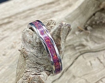 Handcrafted Royal Purple Opal Inlay Ring, Stainless Steel Band, Womens Ring, Mens Band