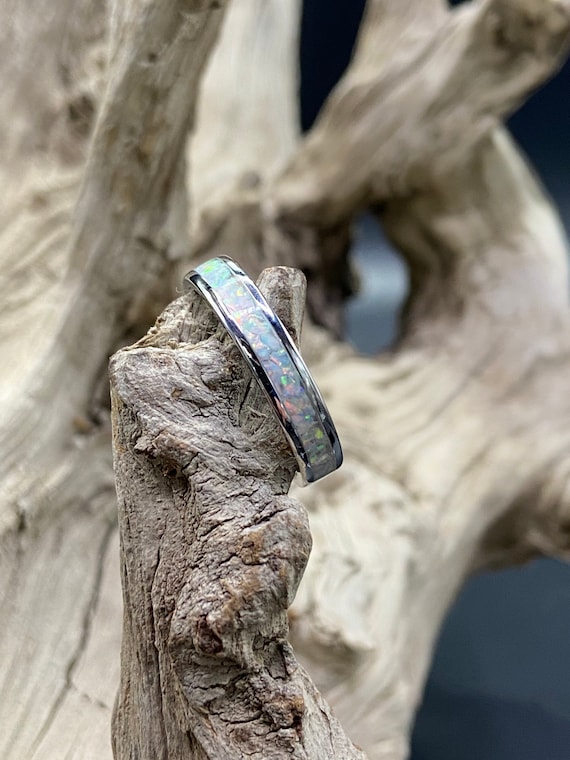Handmade Opal Inlay Ring, Fire and Snow Opal, Stainless Steel Comfort Band, Womens Ring, Mens Band