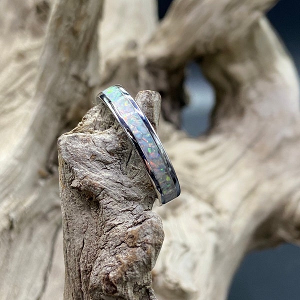 Handmade Opal Inlay Ring, Fire and Snow Opal, Stainless Steel Comfort Band, Womens Ring, Mens Band
