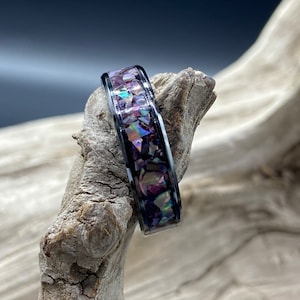 Handcrafted Inlay Ring, Purple Abalone Shell, Back Ceramic Band, Stainless Steel Band, Womens Ring, Mens Band