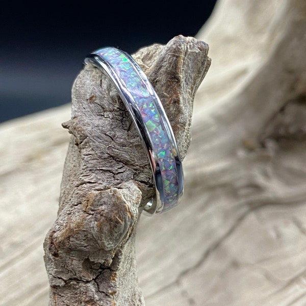 Handmade Opal Inlay Ring, Unicorn Purple Opal, Stainless Steel Band, Womens Ring, Mens Band