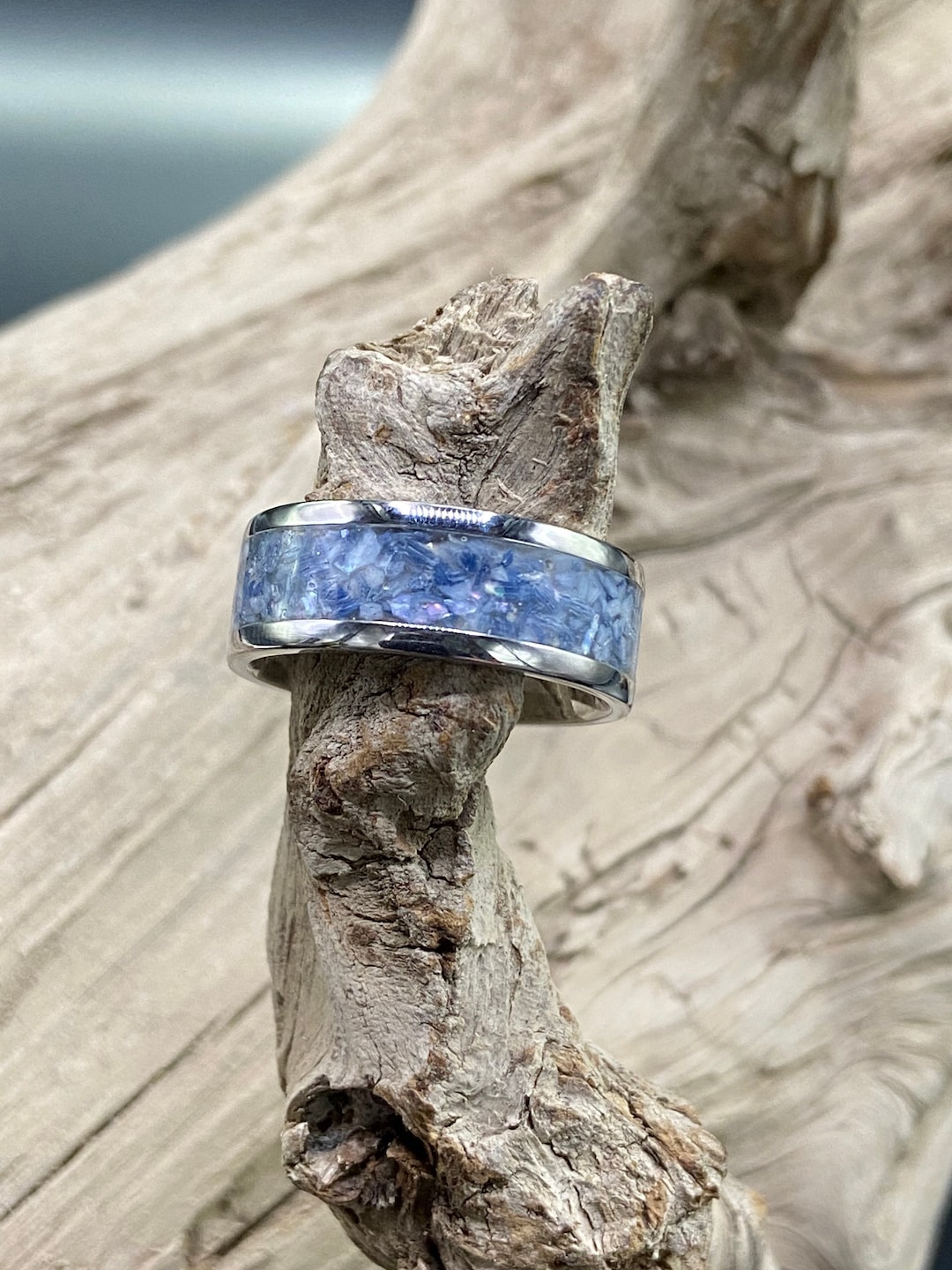 Handmade Inlay Ring, Blue Coral and Mother of Pearl, Stainless Steel ...