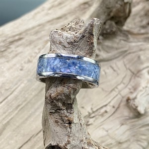Handmade Inlay Ring, Blue Coral and Mother of Pearl, Stainless Steel Band, Womens Ring, Mens Band