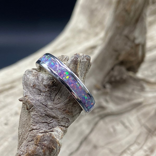 Handcrafted Opal Inlay Ring, Lavender Opal, Stainless Steel Band, Womens Ring, Mens Band