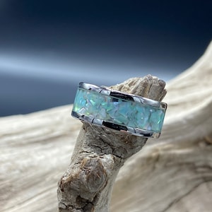 Handcrafted Inlay Ring, Aqua Abalone Shell, Stainless Steel Band, Womens Ring, Mens Band