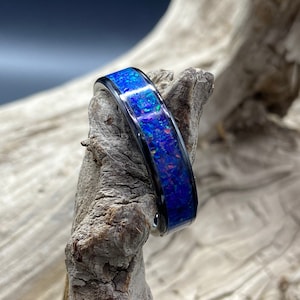 Handmade Inlay Ring, Starry Night Opal, Black Ceramic Band, Womens Ring, Mens Band