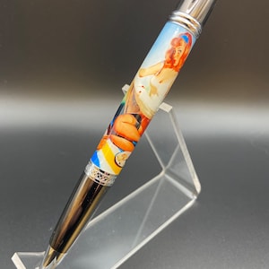 Handcrafted Wall Street Twist Pen, Gilbert Elvgren Pin Up Girl, Gunmetal and Chrome Hardware