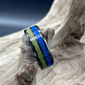 Handcrafted Double Channel Inlay Ring, Blue and Yellow Ukrainian Flag Opal, Tungsten or Black Ceramic Band, Womens Ring, Mens Band