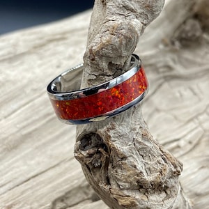 Handmade Opal Inlay Ring, Dragons Eye Opal, Stainless Steel Band, Womens Ring, Mens Band