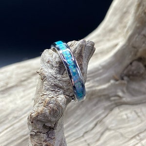Handmade Opal Inlay Ring, Fire Turquoise Opal Stainless Steel Band, Womens Ring, Mens Band