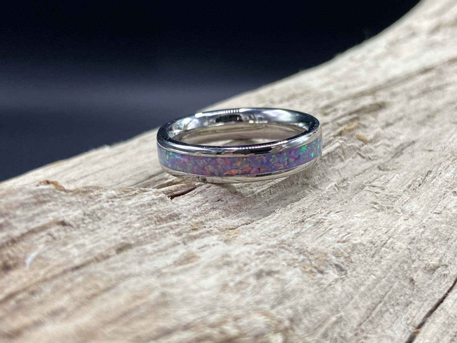 Lata Inlaid Rings Handcrafted Opal Inlay Ring, Lavender Opal, Stainless Steel Band ...