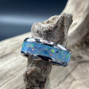 Handcrafted Opal Inlay Ring, Glacier Opal, Stainless Steel Band, Womens Ring, Mens Band